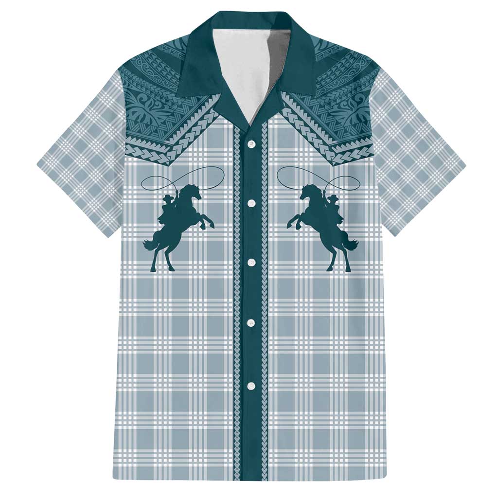 Aloha Hawaii Cowboys Paniolo Family Matching Long Sleeve Bodycon Dress and Hawaiian Shirt Teal Palaka - Polynesian Pride