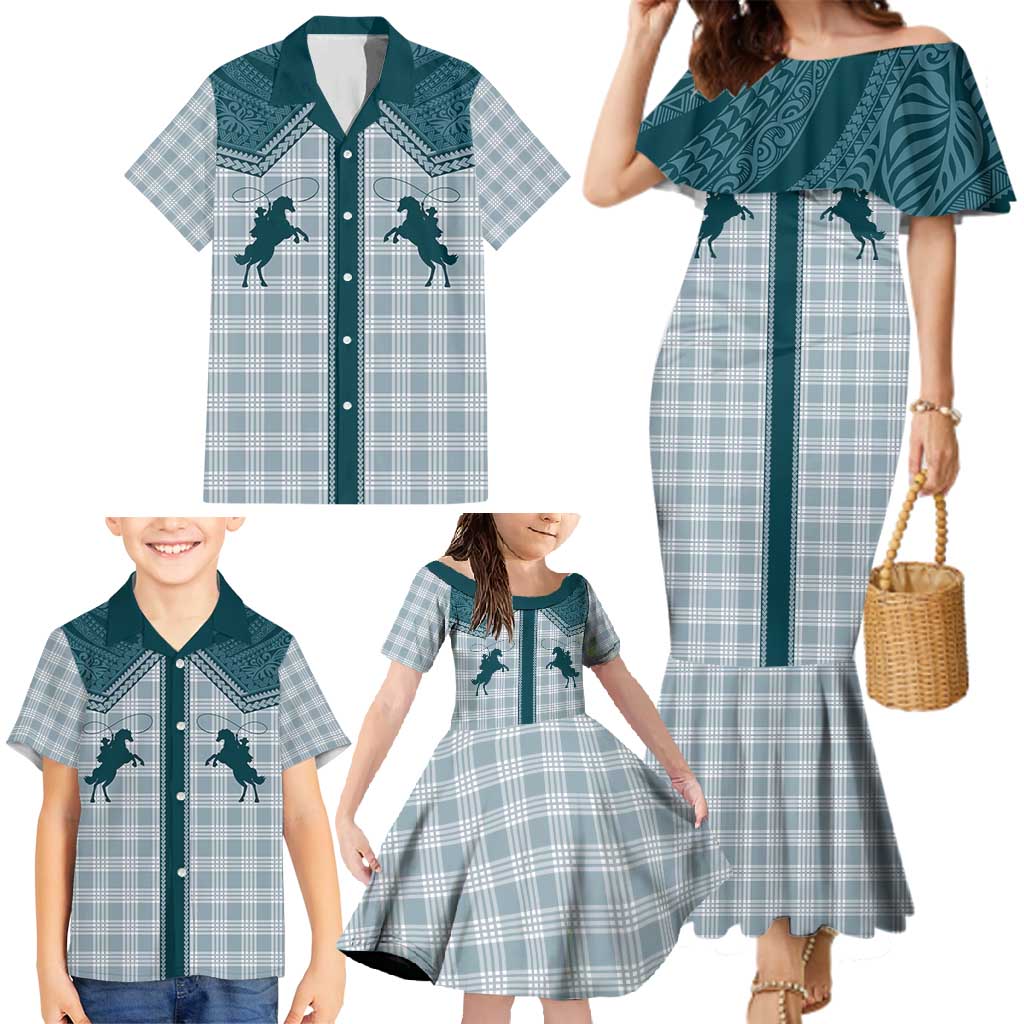 Aloha Hawaii Cowboys Paniolo Family Matching Mermaid Dress and Hawaiian Shirt Teal Palaka - Polynesian Pride