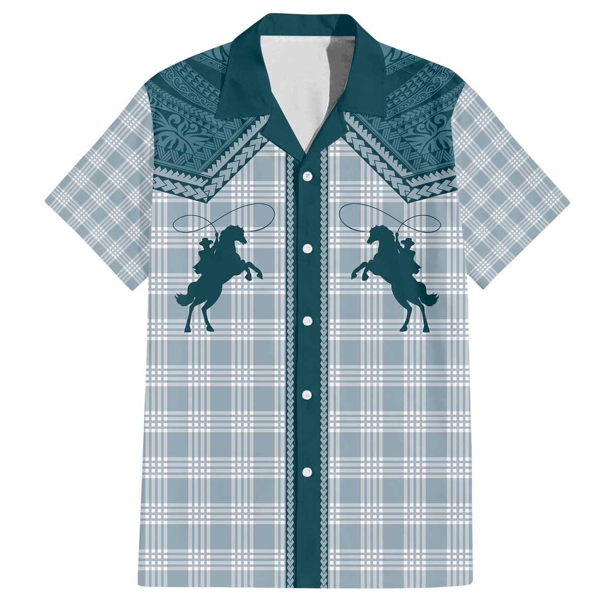 Aloha Hawaii Cowboys Paniolo Family Matching Off The Shoulder Long Sleeve Dress and Hawaiian Shirt Teal Palaka - Polynesian Pride