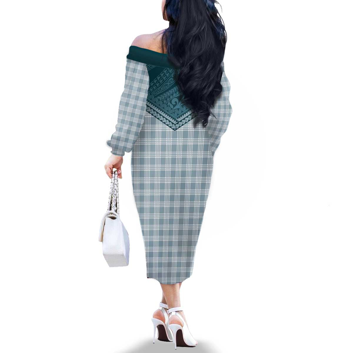 Aloha Hawaii Cowboys Paniolo Family Matching Off The Shoulder Long Sleeve Dress and Hawaiian Shirt Teal Palaka - Polynesian Pride