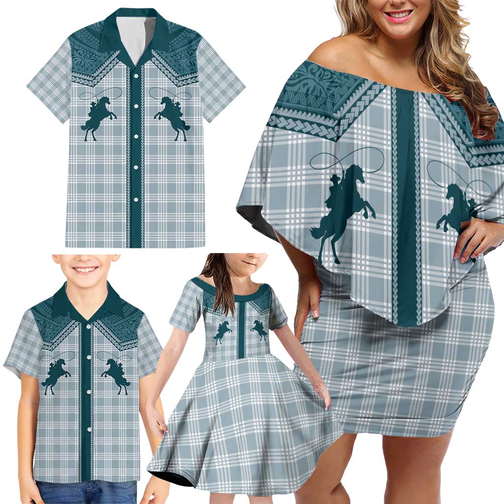 Aloha Hawaii Cowboys Paniolo Family Matching Off Shoulder Short Dress and Hawaiian Shirt Teal Palaka - Polynesian Pride