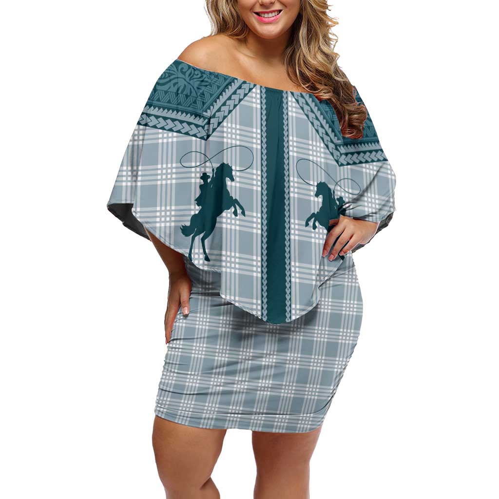 Aloha Hawaii Cowboys Paniolo Family Matching Off Shoulder Short Dress and Hawaiian Shirt Teal Palaka - Polynesian Pride