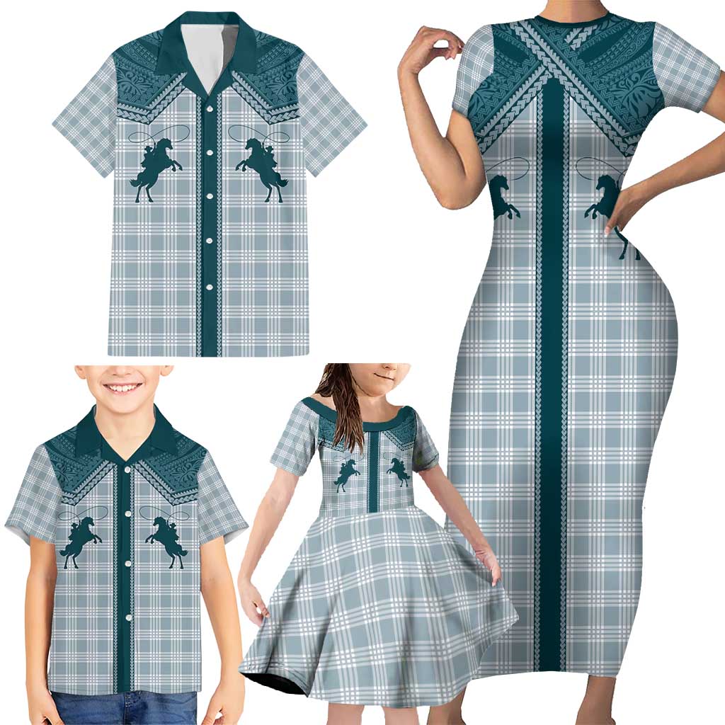Aloha Hawaii Cowboys Paniolo Family Matching Short Sleeve Bodycon Dress and Hawaiian Shirt Teal Palaka - Polynesian Pride