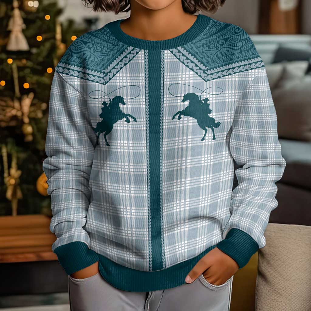 Aloha Hawaii Cowboys Paniolo Kid Ugly Christmas Sweater Teal Palaka - Polynesian Pride