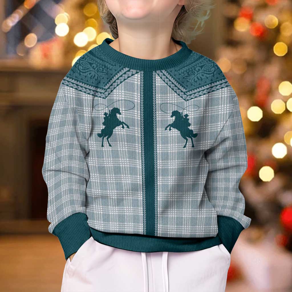 Aloha Hawaii Cowboys Paniolo Kid Ugly Christmas Sweater Teal Palaka - Polynesian Pride