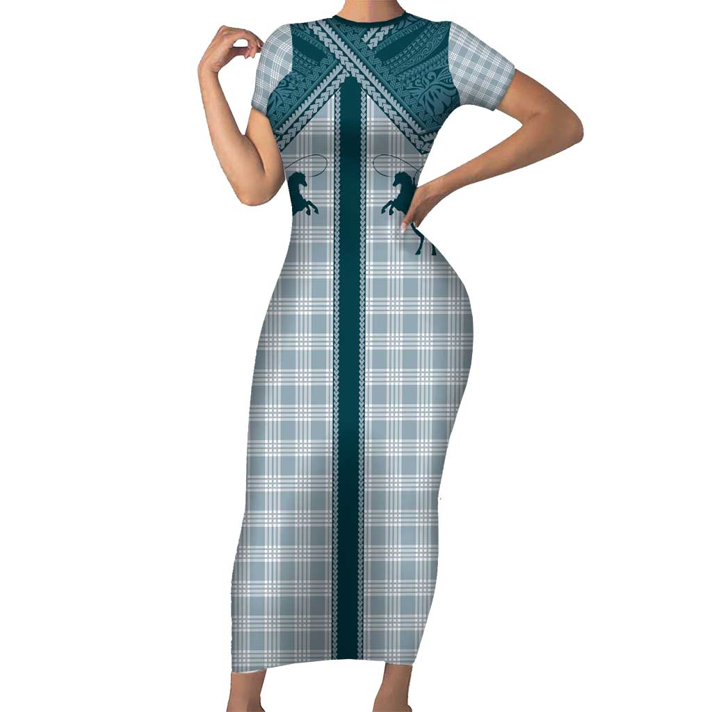 Aloha Hawaii Cowboys Paniolo Short Sleeve Bodycon Dress Teal Palaka - Polynesian Pride