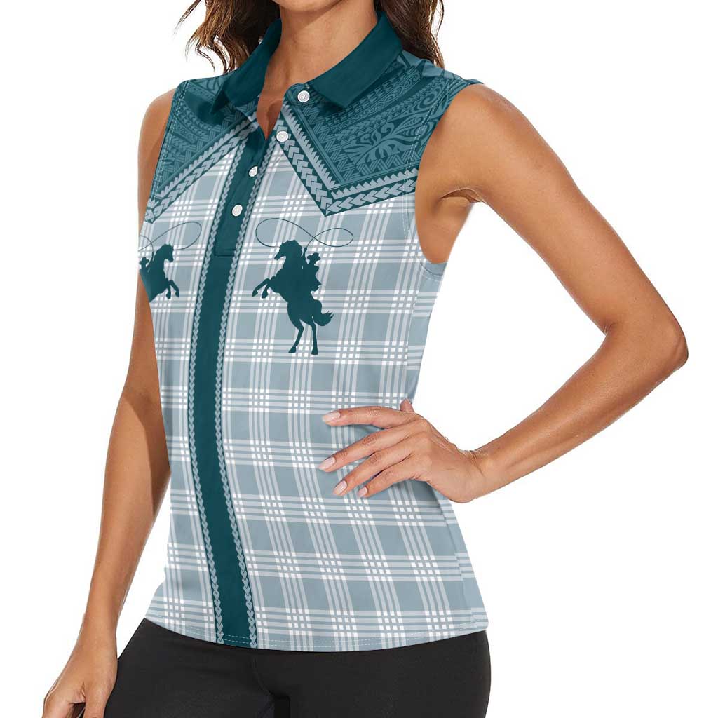 Aloha Hawaii Cowboys Paniolo Women Sleeveless Polo Shirt Teal Palaka LT7 - Polynesian Pride