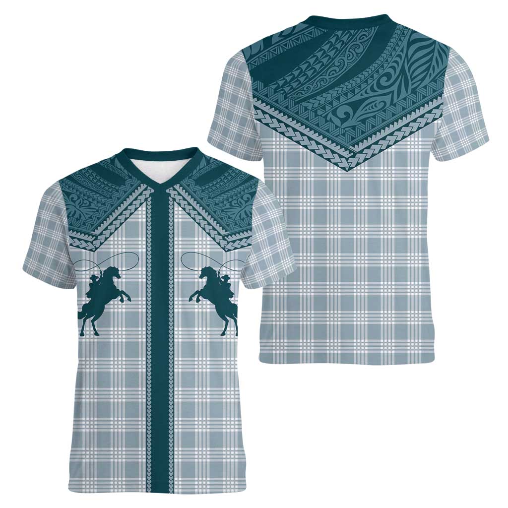 Aloha Hawaii Cowboys Paniolo Women V-Neck T-Shirt Teal Palaka - Polynesian Pride