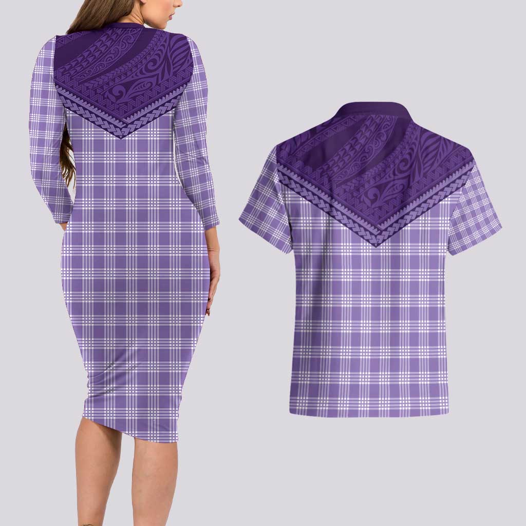 Aloha Hawaii Cowboys Paniolo Couples Matching Long Sleeve Bodycon Dress and Hawaiian Shirt Violet Palaka - Polynesian Pride