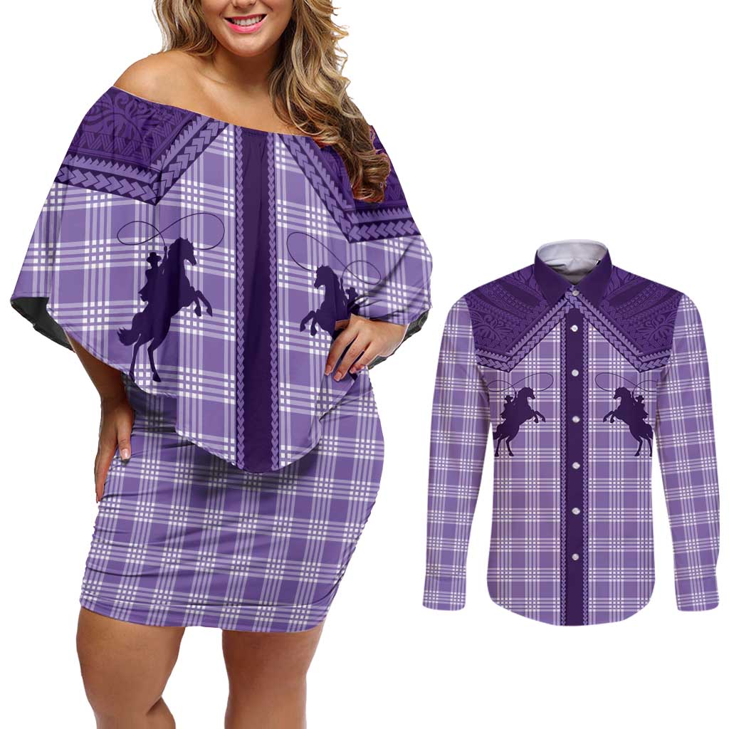 Aloha Hawaii Cowboys Paniolo Couples Matching Off Shoulder Short Dress and Long Sleeve Button Shirt Violet Palaka - Polynesian Pride
