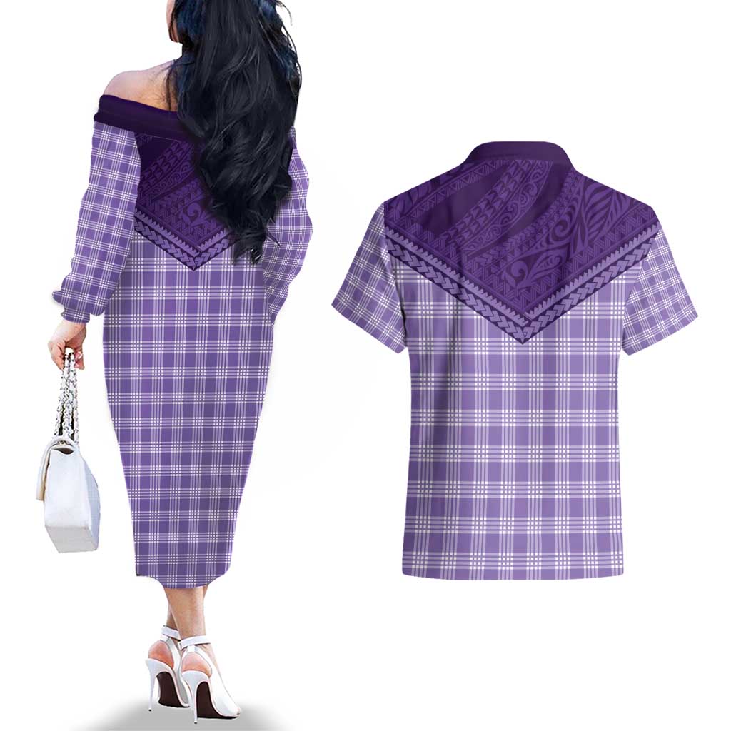 Aloha Hawaii Cowboys Paniolo Couples Matching Off The Shoulder Long Sleeve Dress and Hawaiian Shirt Violet Palaka - Polynesian Pride