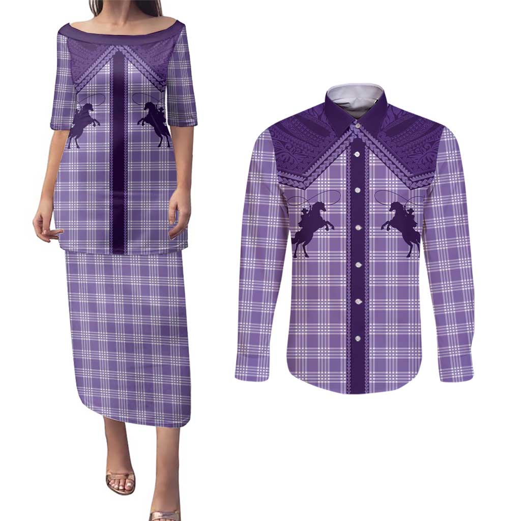 Aloha Hawaii Cowboys Paniolo Couples Matching Puletasi and Long Sleeve Button Shirt Violet Palaka - Polynesian Pride