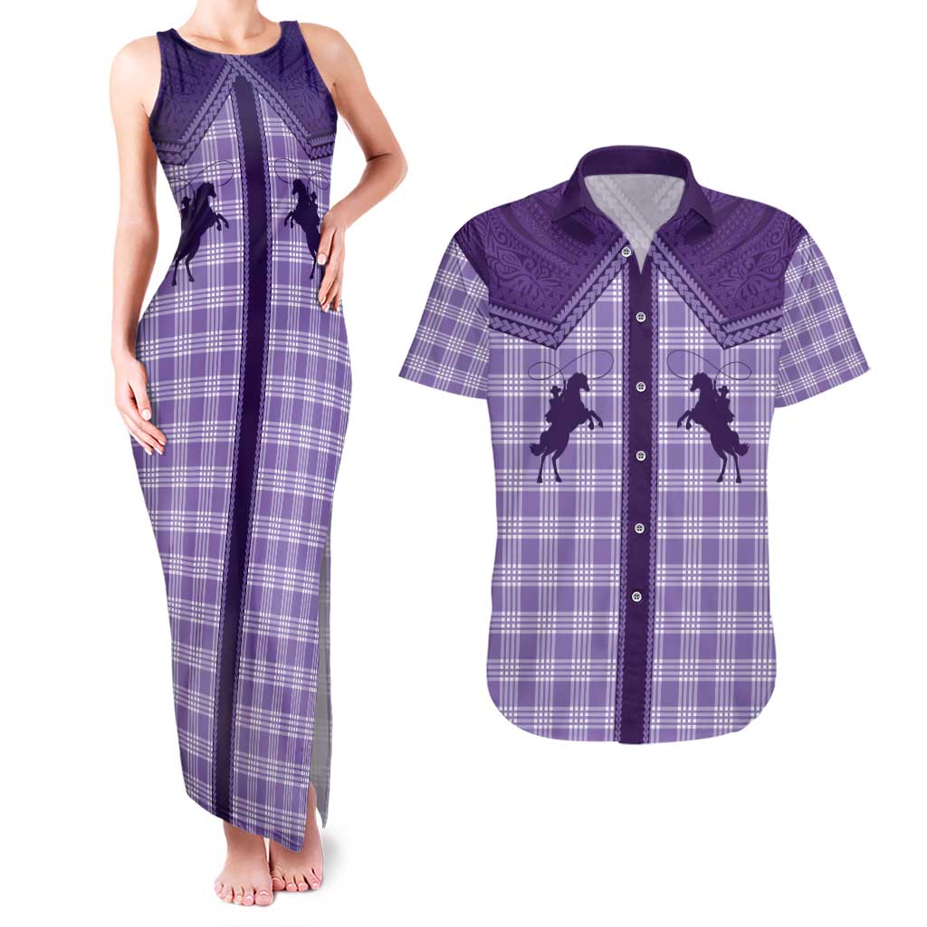 Aloha Hawaii Cowboys Paniolo Couples Matching Tank Maxi Dress and Hawaiian Shirt Violet Palaka - Polynesian Pride