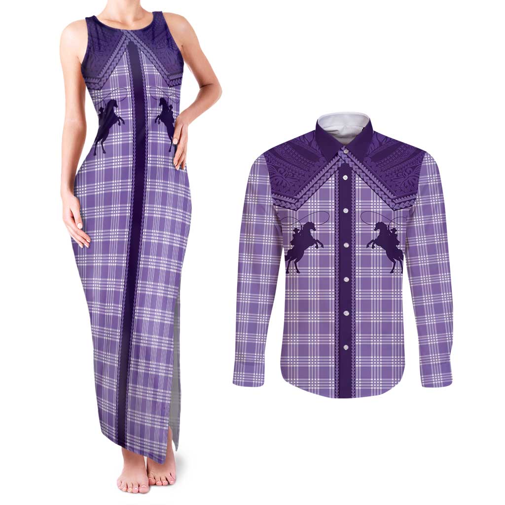 Aloha Hawaii Cowboys Paniolo Couples Matching Tank Maxi Dress and Long Sleeve Button Shirt Violet Palaka - Polynesian Pride