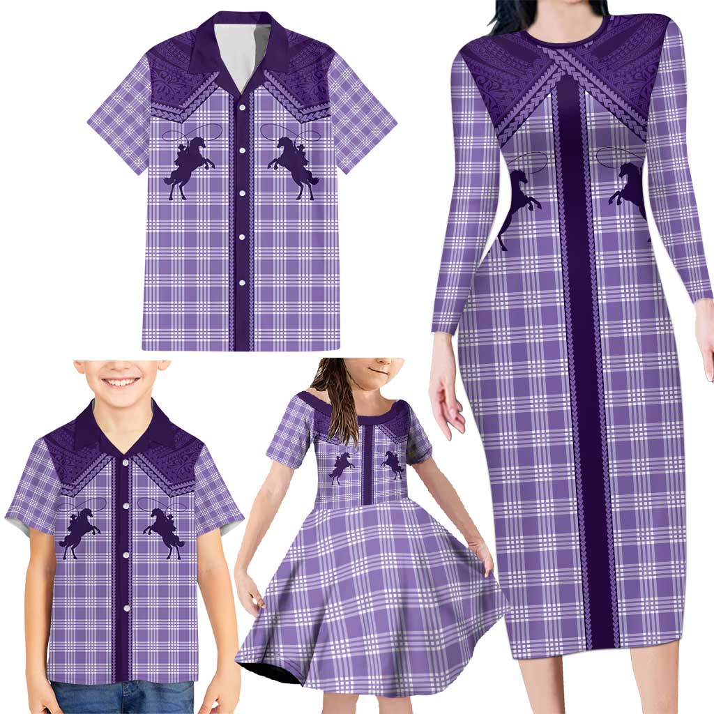 Aloha Hawaii Cowboys Paniolo Family Matching Long Sleeve Bodycon Dress and Hawaiian Shirt Violet Palaka - Polynesian Pride