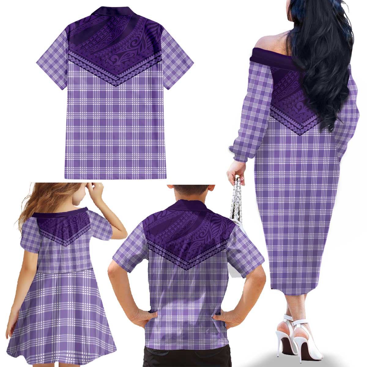 Aloha Hawaii Cowboys Paniolo Family Matching Off The Shoulder Long Sleeve Dress and Hawaiian Shirt Violet Palaka - Polynesian Pride