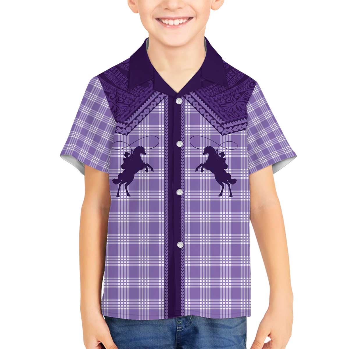 Aloha Hawaii Cowboys Paniolo Family Matching Off The Shoulder Long Sleeve Dress and Hawaiian Shirt Violet Palaka - Polynesian Pride