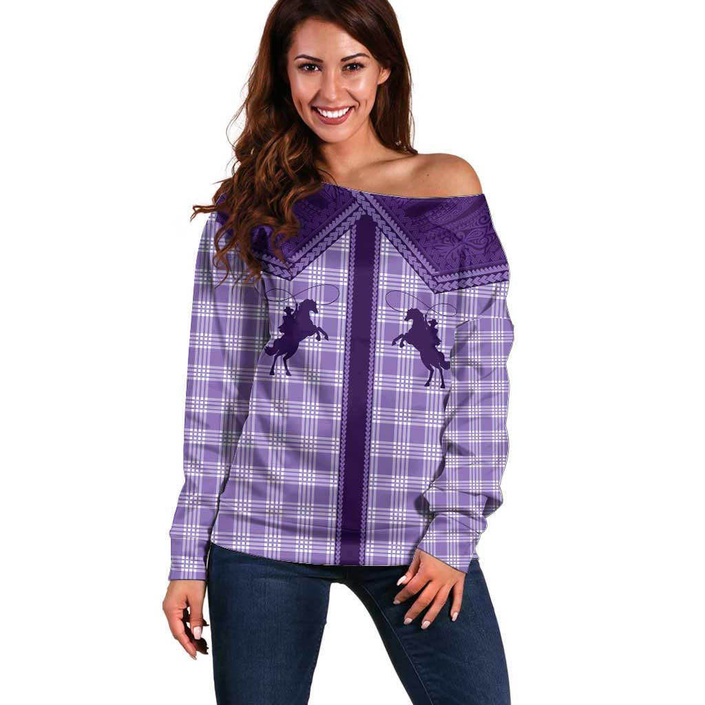 Aloha Hawaii Cowboys Paniolo Off Shoulder Sweater Violet Palaka - Polynesian Pride