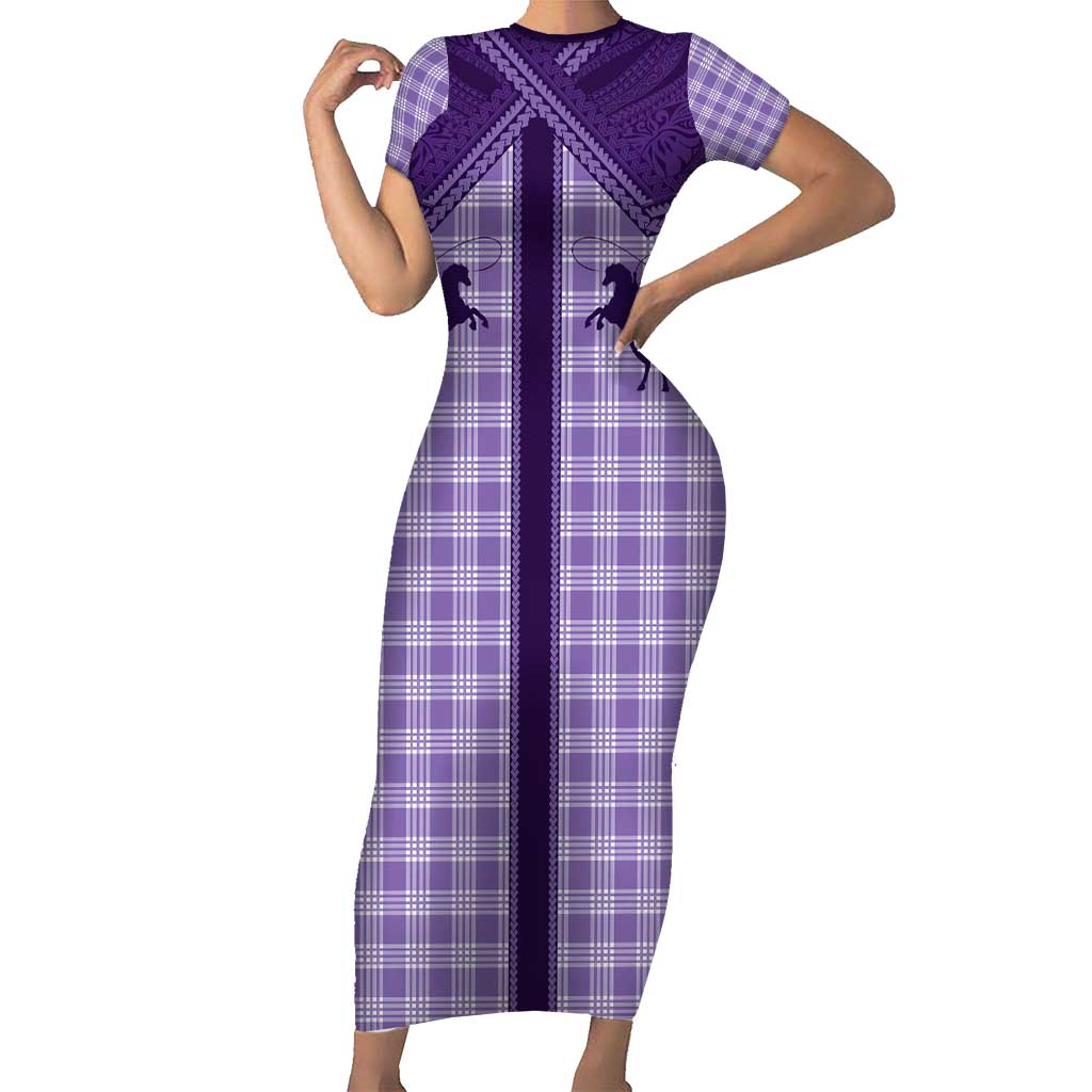 Aloha Hawaii Cowboys Paniolo Short Sleeve Bodycon Dress Violet Palaka - Polynesian Pride