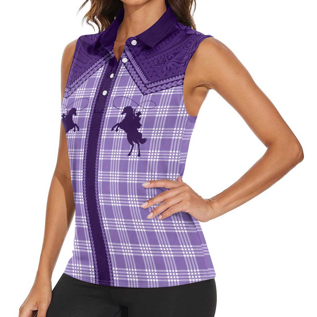 Aloha Hawaii Cowboys Paniolo Women Sleeveless Polo Shirt Violet Palaka LT7 - Polynesian Pride