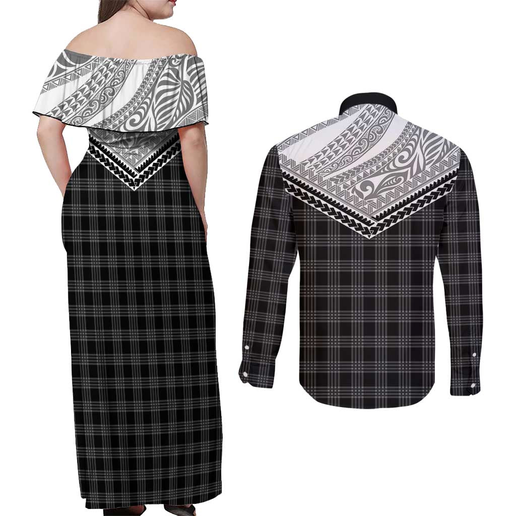 Aloha Hawaii Cowboys Paniolo Couples Matching Off Shoulder Maxi Dress and Long Sleeve Button Shirt Black Palaka - Polynesian Pride