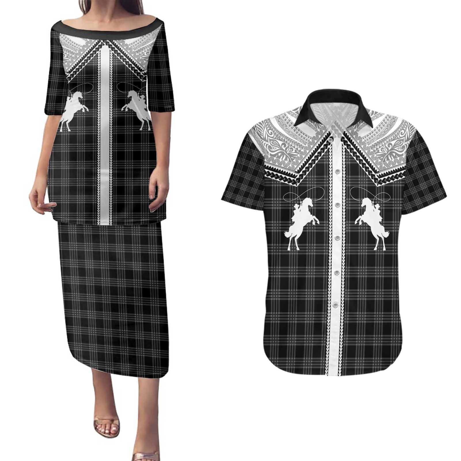 Aloha Hawaii Cowboys Paniolo Couples Matching Puletasi and Hawaiian Shirt Black Palaka - Polynesian Pride