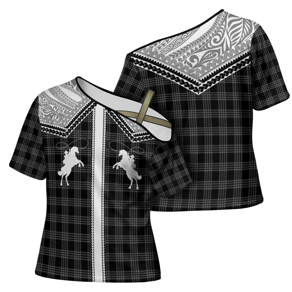 Aloha Hawaii Cowboys Paniolo Cross Shoulder Shirt Black Palaka - Polynesian Pride