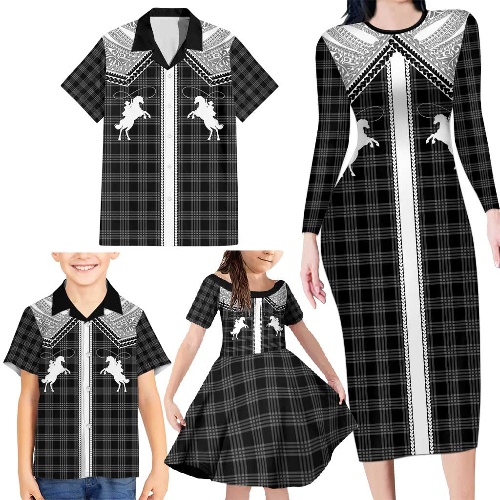Aloha Hawaii Cowboys Paniolo Family Matching Long Sleeve Bodycon Dress and Hawaiian Shirt Black Palaka - Polynesian Pride