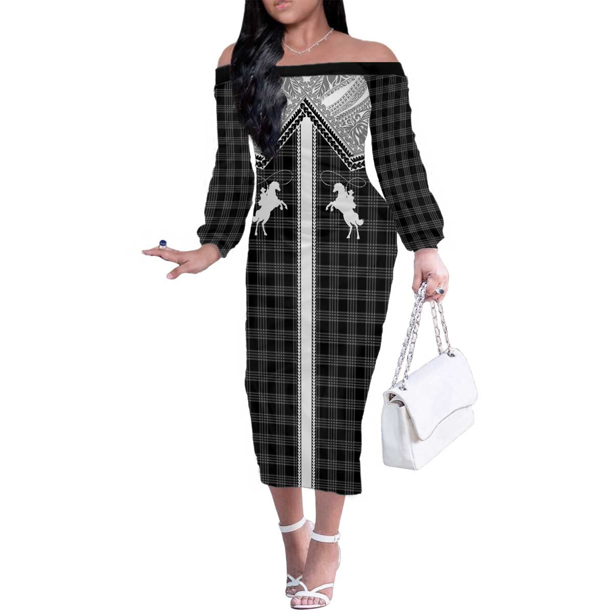 Aloha Hawaii Cowboys Paniolo Family Matching Off The Shoulder Long Sleeve Dress and Hawaiian Shirt Black Palaka - Polynesian Pride