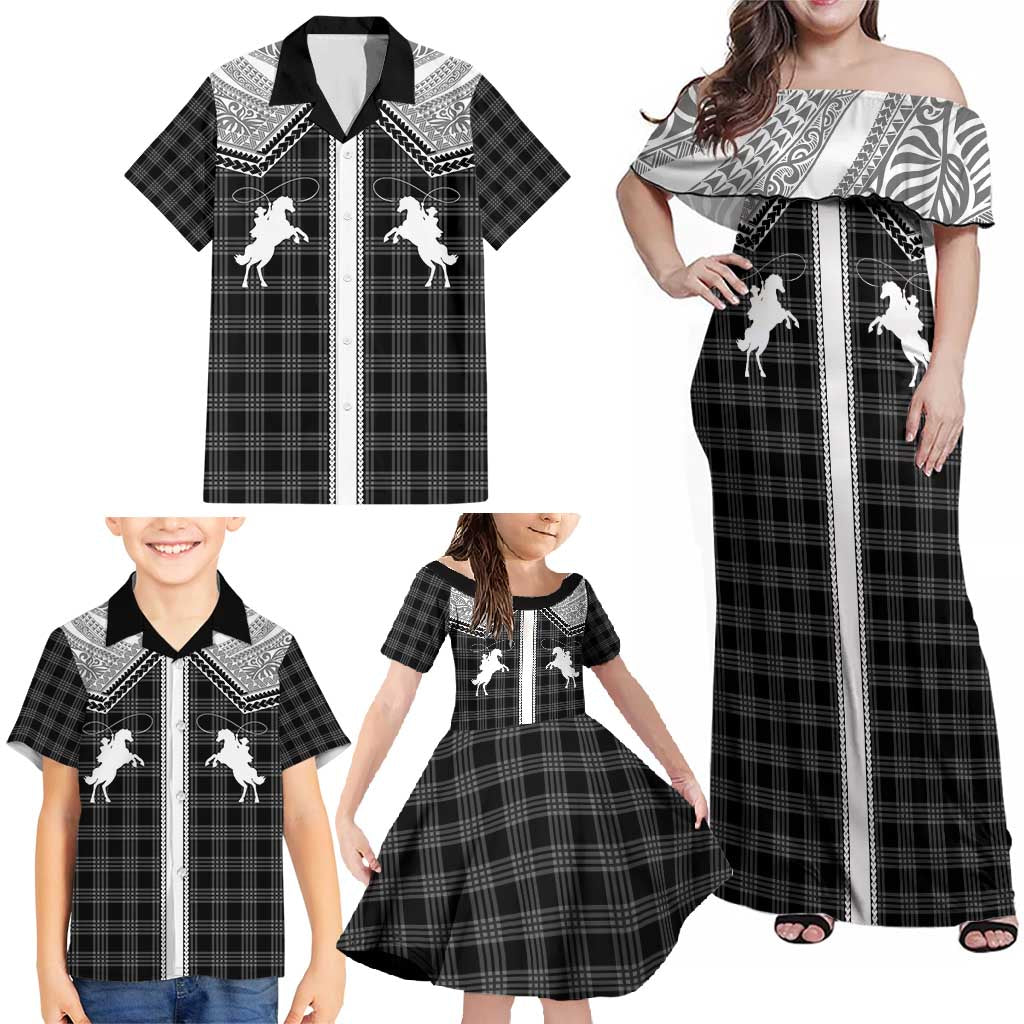 Aloha Hawaii Cowboys Paniolo Family Matching Off Shoulder Maxi Dress and Hawaiian Shirt Black Palaka - Polynesian Pride