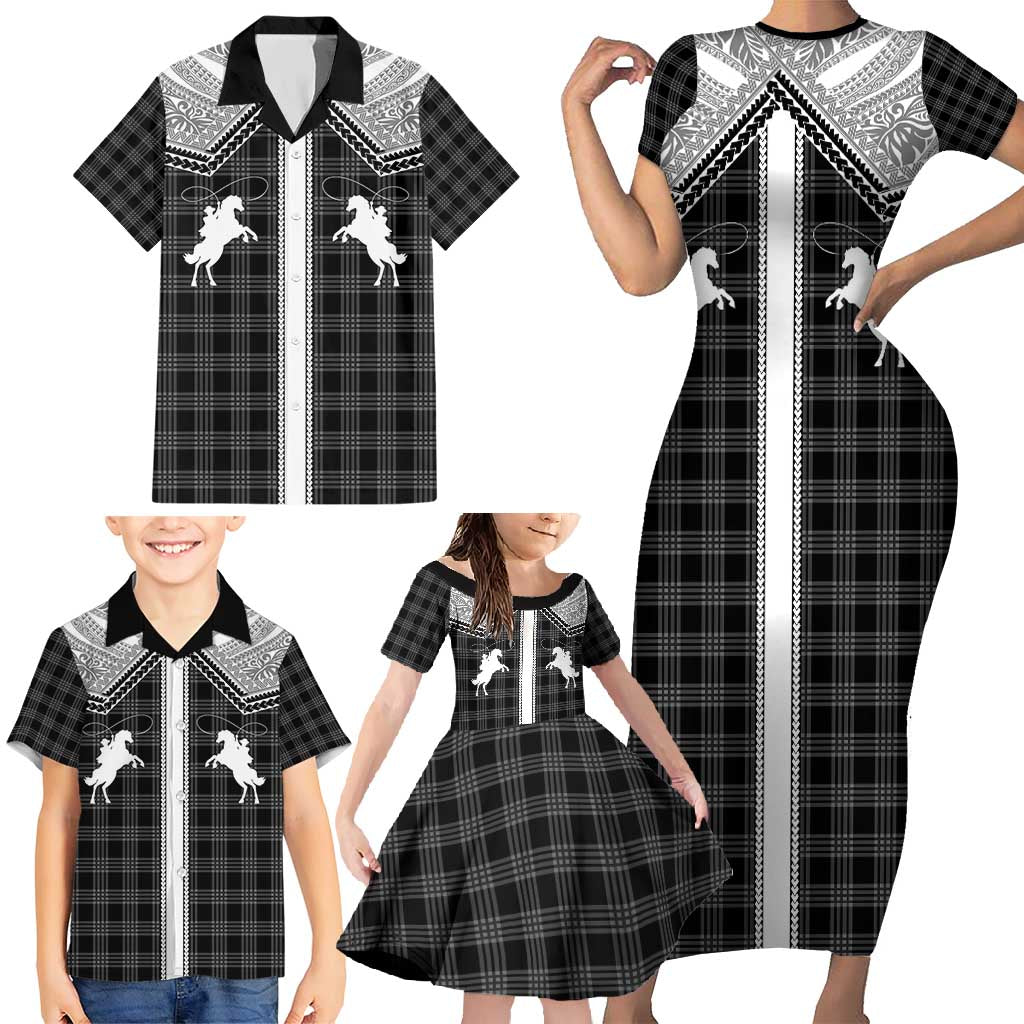 Aloha Hawaii Cowboys Paniolo Family Matching Short Sleeve Bodycon Dress and Hawaiian Shirt Black Palaka - Polynesian Pride