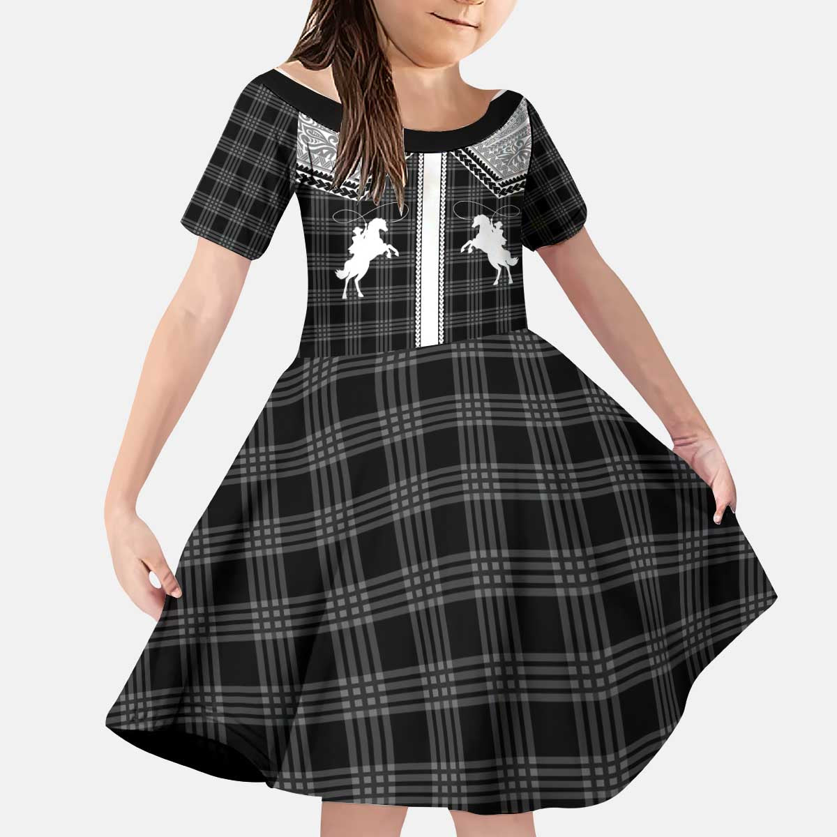 Aloha Hawaii Cowboys Paniolo Kid Short Sleeve Dress Black Palaka - Polynesian Pride