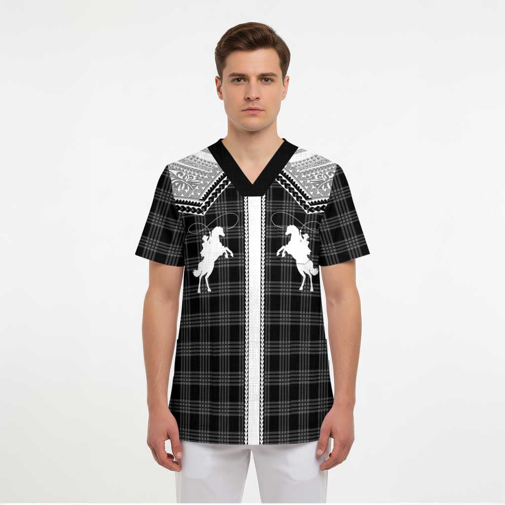 Aloha Hawaii Cowboys Paniolo Scrub Top Black Palaka - Polynesian Pride