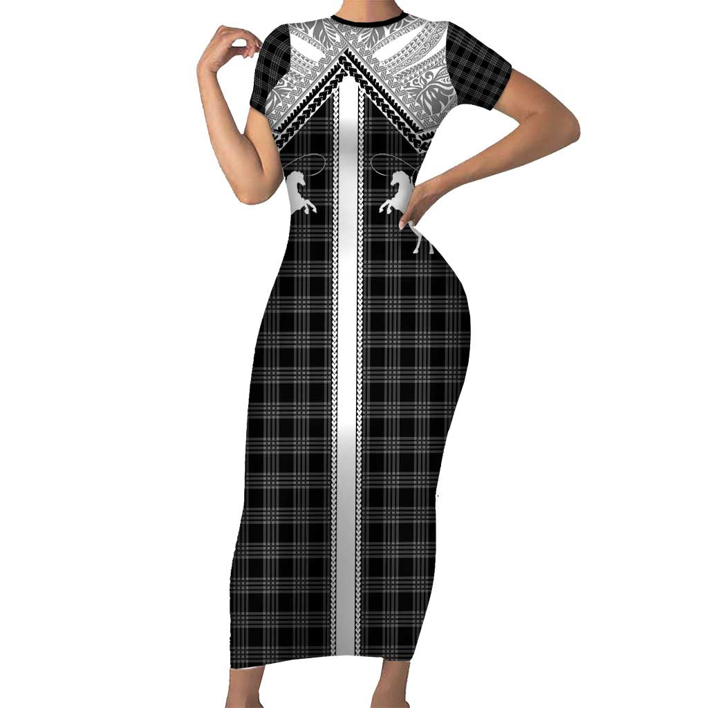 Aloha Hawaii Cowboys Paniolo Short Sleeve Bodycon Dress Black Palaka - Polynesian Pride