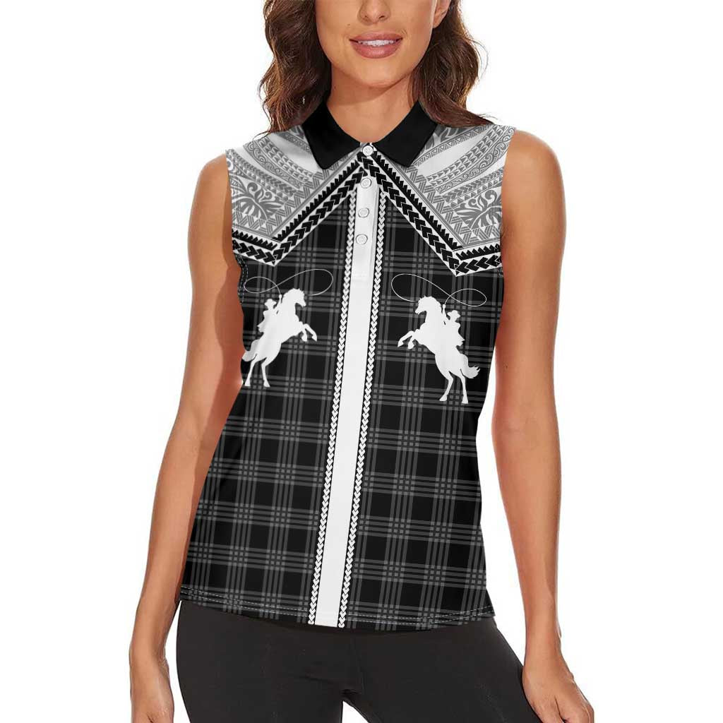 Aloha Hawaii Cowboys Paniolo Women Sleeveless Polo Shirt Black Palaka - Polynesian Pride