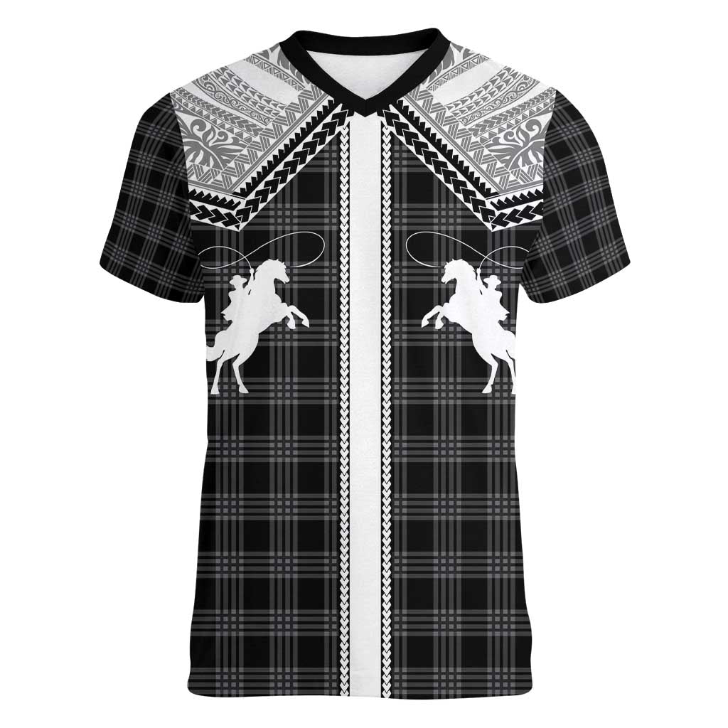 Aloha Hawaii Cowboys Paniolo Women V-Neck T-Shirt Black Palaka - Polynesian Pride