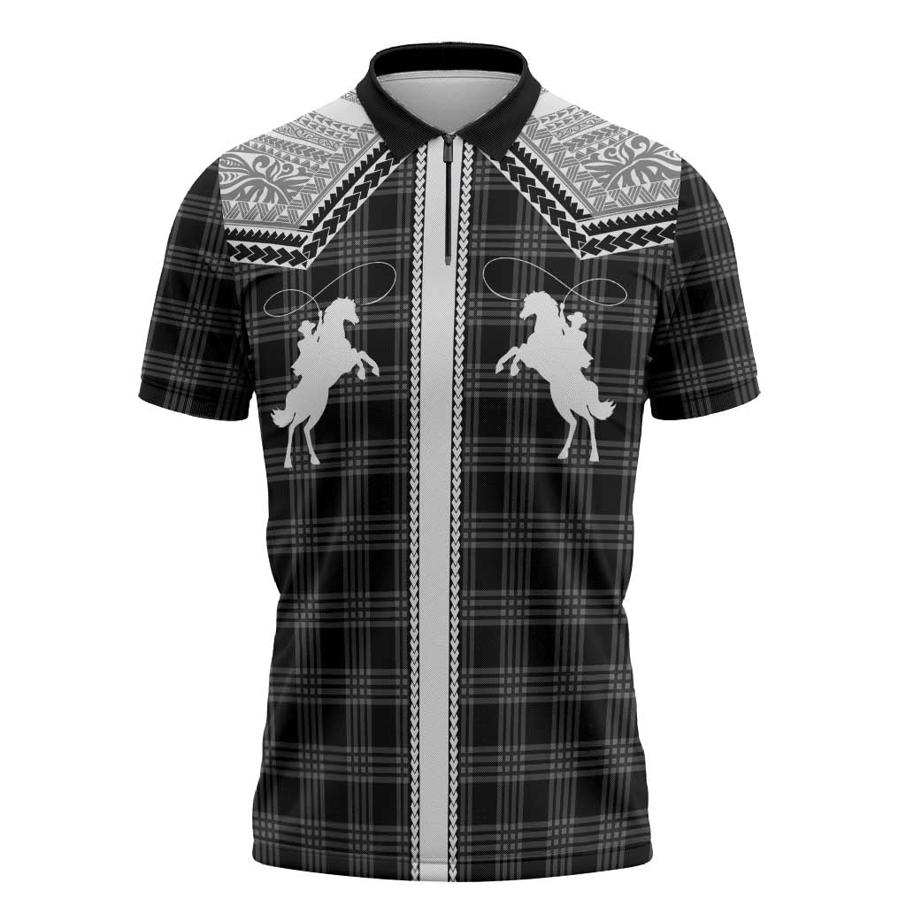 Aloha Hawaii Cowboys Paniolo Zipper Polo Shirt Black Palaka - Polynesian Pride