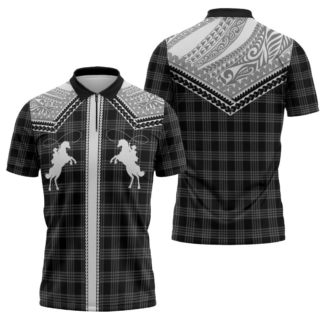 Aloha Hawaii Cowboys Paniolo Zipper Polo Shirt Black Palaka LT7 - Polynesian Pride