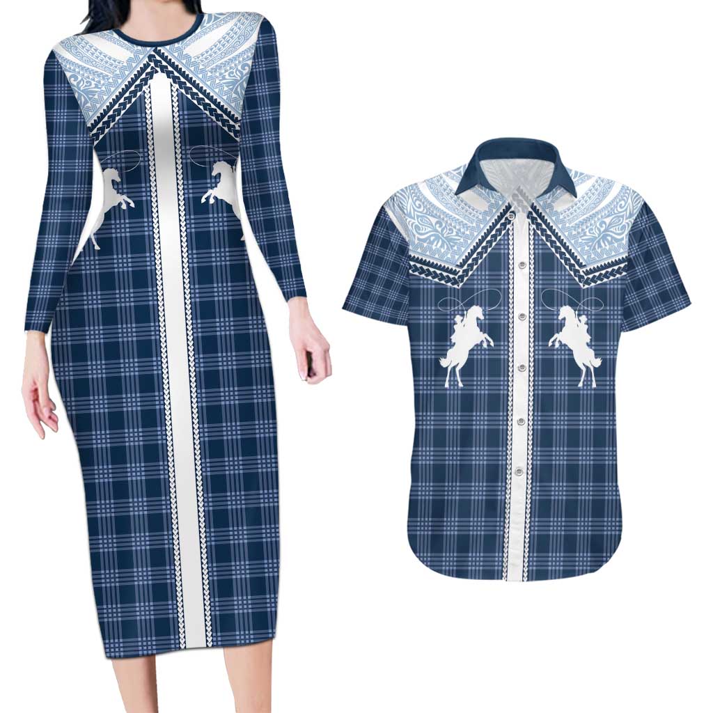 Aloha Hawaii Cowboys Paniolo Couples Matching Long Sleeve Bodycon Dress and Hawaiian Shirt Navy Blue Palaka - Polynesian Pride