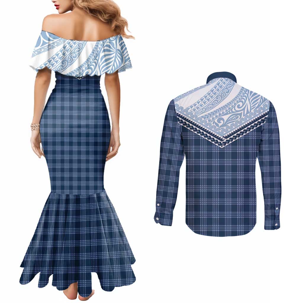 Aloha Hawaii Cowboys Paniolo Couples Matching Mermaid Dress and Long Sleeve Button Shirt Navy Blue Palaka - Polynesian Pride