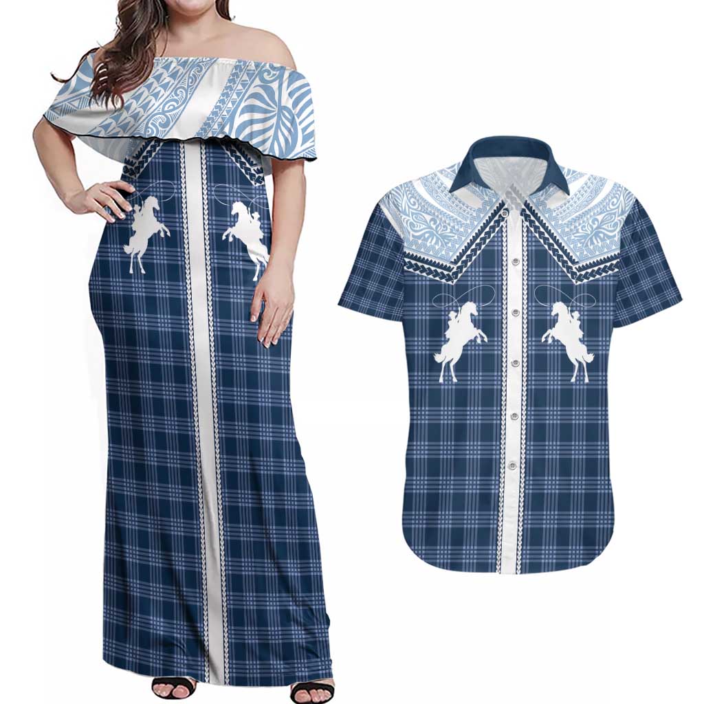 Aloha Hawaii Cowboys Paniolo Couples Matching Off Shoulder Maxi Dress and Hawaiian Shirt Navy Blue Palaka - Polynesian Pride