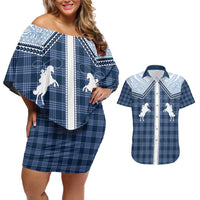 Aloha Hawaii Cowboys Paniolo Couples Matching Off Shoulder Short Dress and Hawaiian Shirt Navy Blue Palaka - Polynesian Pride