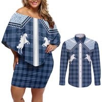 Aloha Hawaii Cowboys Paniolo Couples Matching Off Shoulder Short Dress and Long Sleeve Button Shirt Navy Blue Palaka - Polynesian Pride