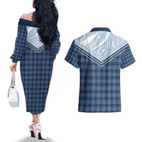 Aloha Hawaii Cowboys Paniolo Couples Matching Off The Shoulder Long Sleeve Dress and Hawaiian Shirt Navy Blue Palaka - Polynesian Pride