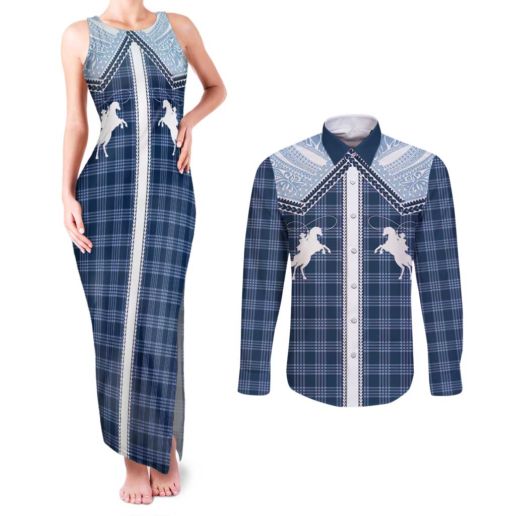 Aloha Hawaii Cowboys Paniolo Couples Matching Tank Maxi Dress and Long Sleeve Button Shirt Navy Blue Palaka - Polynesian Pride