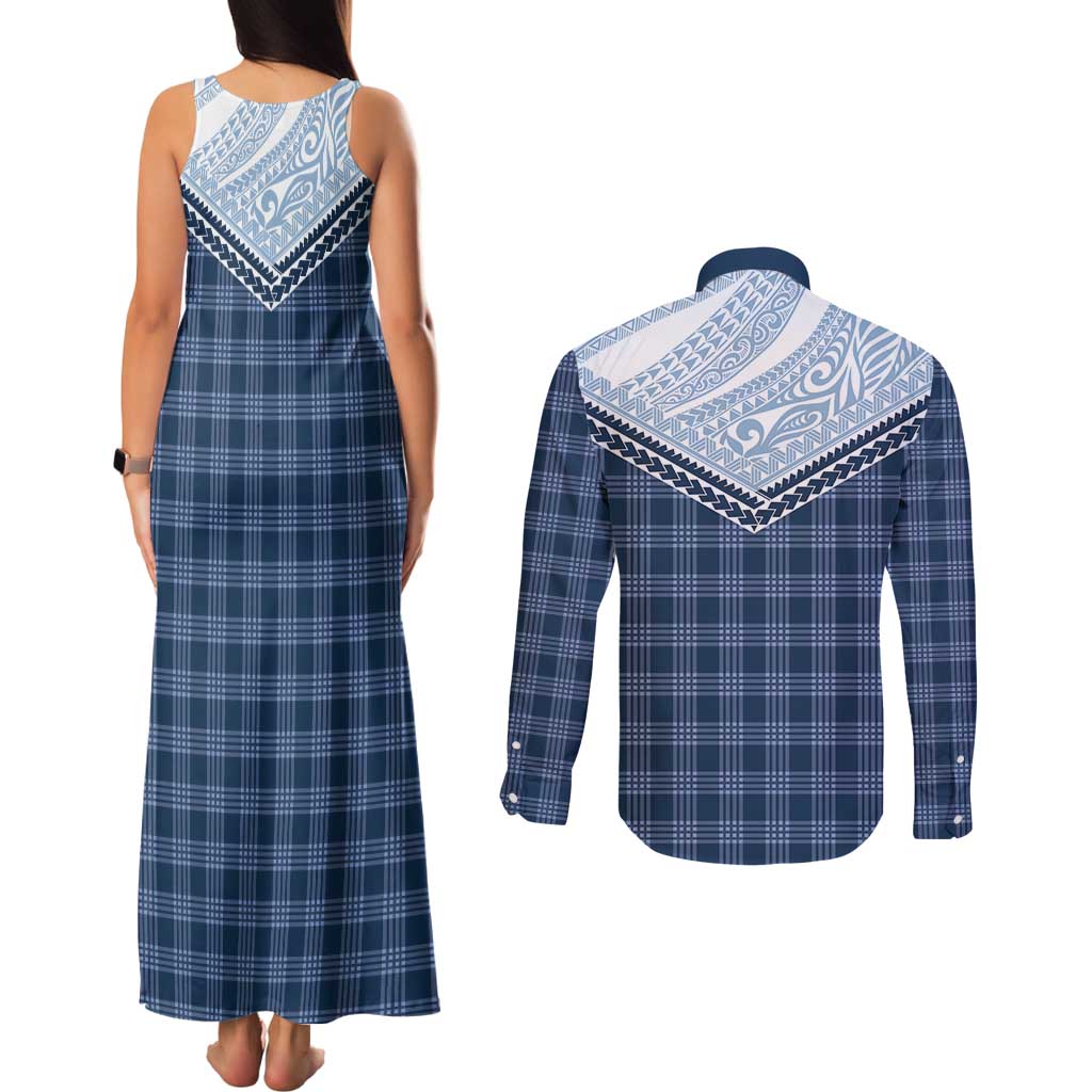Aloha Hawaii Cowboys Paniolo Couples Matching Tank Maxi Dress and Long Sleeve Button Shirt Navy Blue Palaka - Polynesian Pride