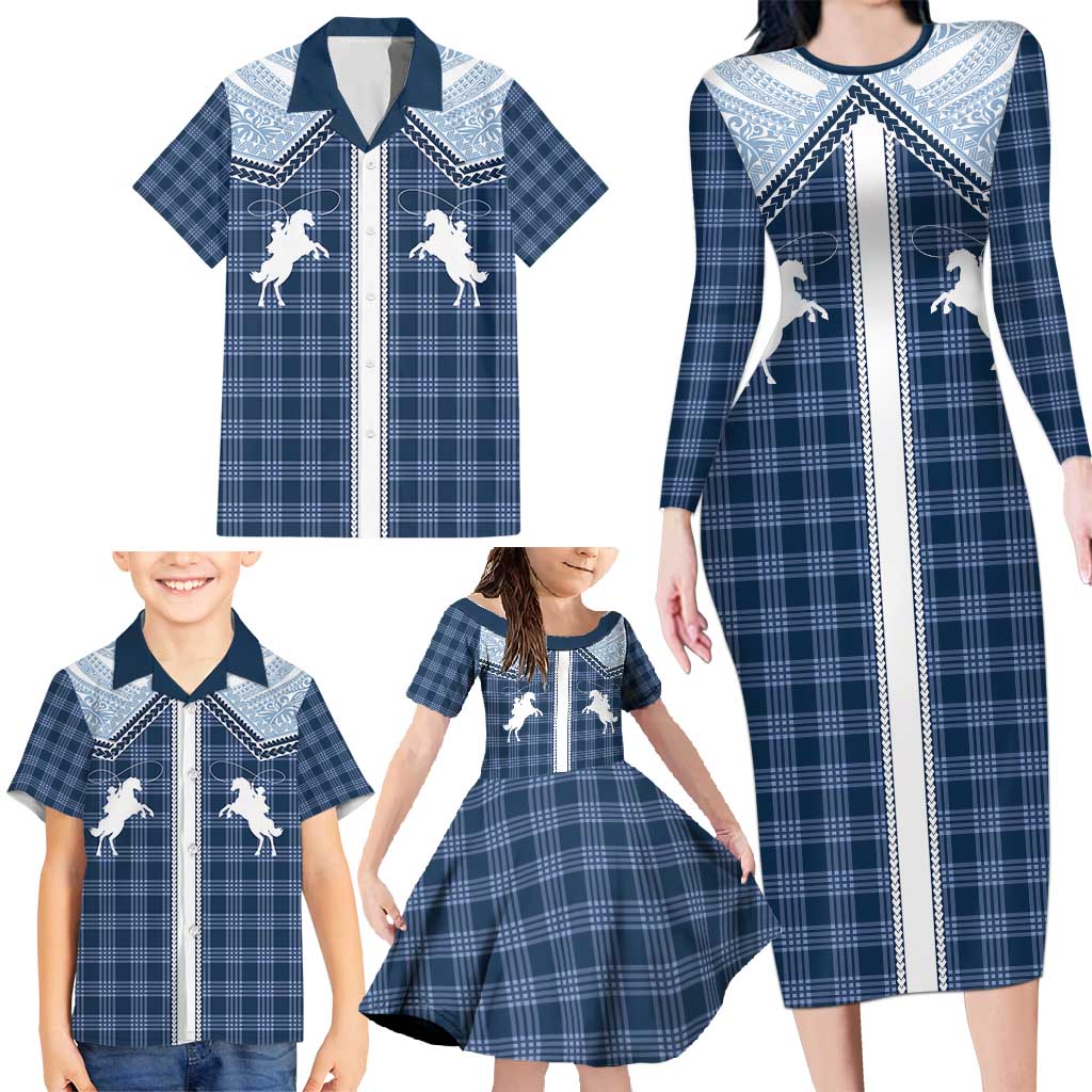 Aloha Hawaii Cowboys Paniolo Family Matching Long Sleeve Bodycon Dress and Hawaiian Shirt Navy Blue Palaka - Polynesian Pride