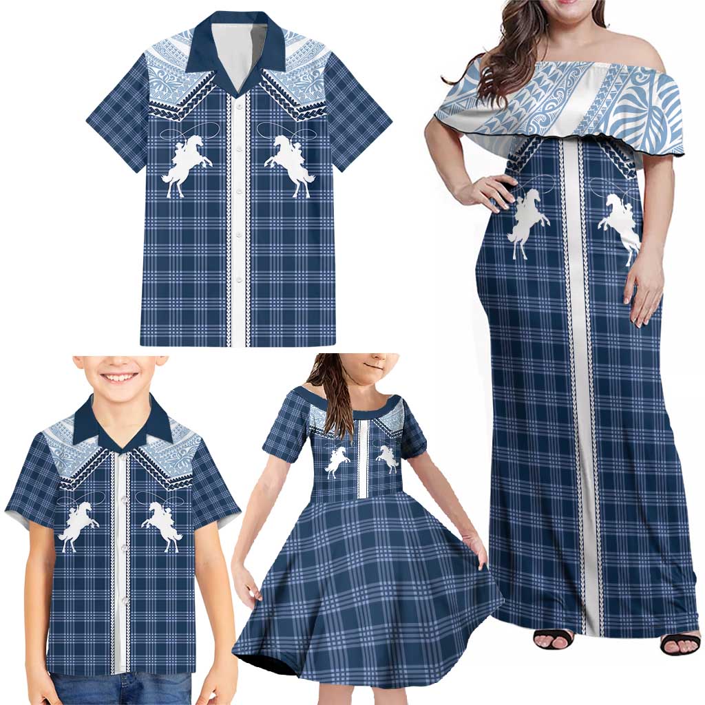 Aloha Hawaii Cowboys Paniolo Family Matching Off Shoulder Maxi Dress and Hawaiian Shirt Navy Blue Palaka - Polynesian Pride