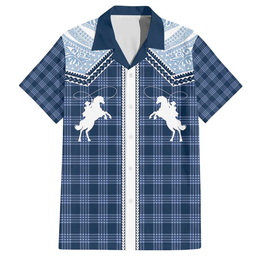 Aloha Hawaii Cowboys Paniolo Family Matching Short Sleeve Bodycon Dress and Hawaiian Shirt Navy Blue Palaka - Polynesian Pride