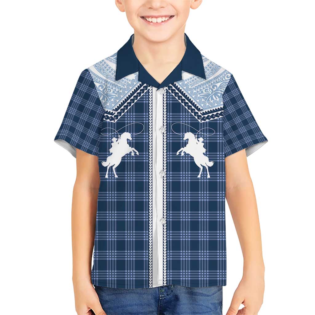 Aloha Hawaii Cowboys Paniolo Family Matching Short Sleeve Bodycon Dress and Hawaiian Shirt Navy Blue Palaka - Polynesian Pride